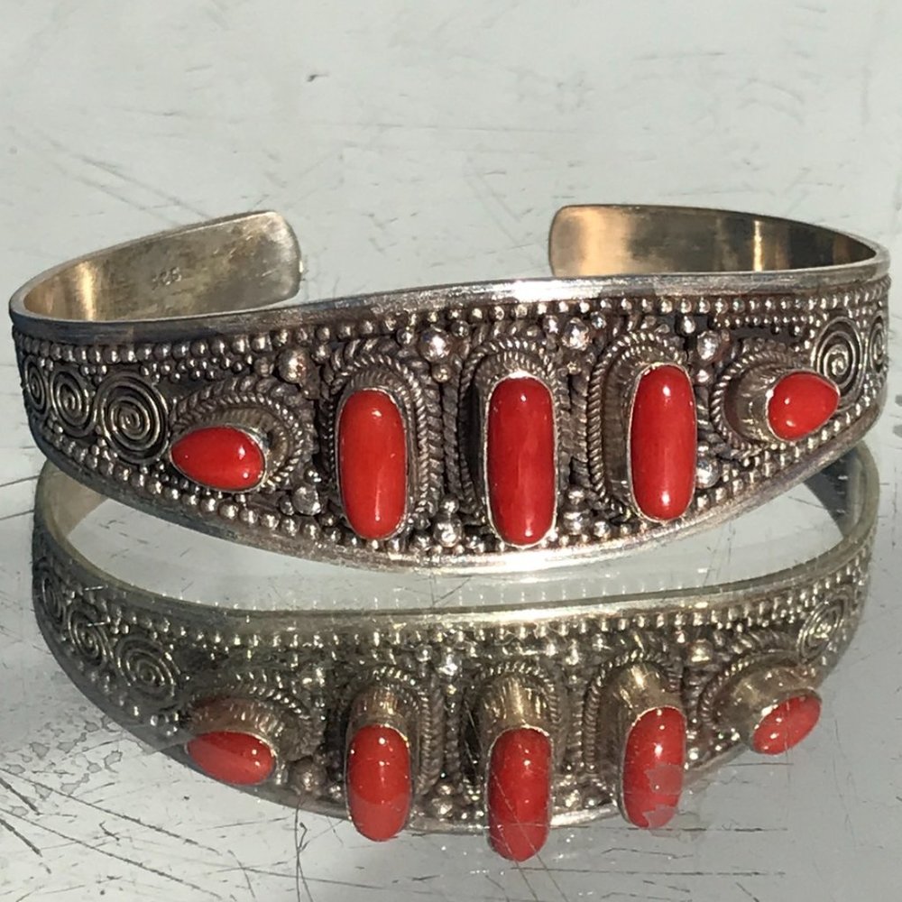 Genuine Coral Sterling Silver Cuff 925 Repousse - Picture 5 of 8